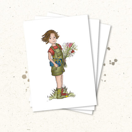 Liska hält Blumen und Geschenk in der Hand