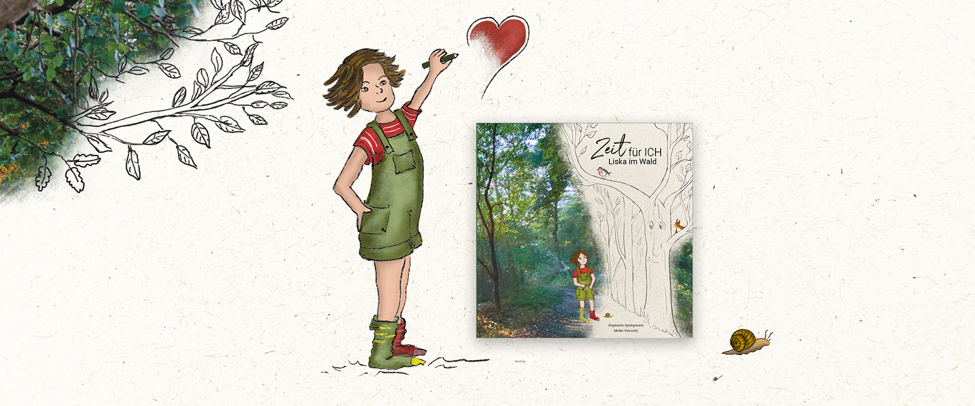 Liska zeichnet ein Herz. Daneben sieht man das Buch Liska im Wald.